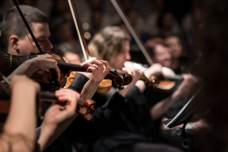 Violinistas de uma orquestra tocando em sincronia, metáfora visual para densidade de talentos em equipes de alta performance